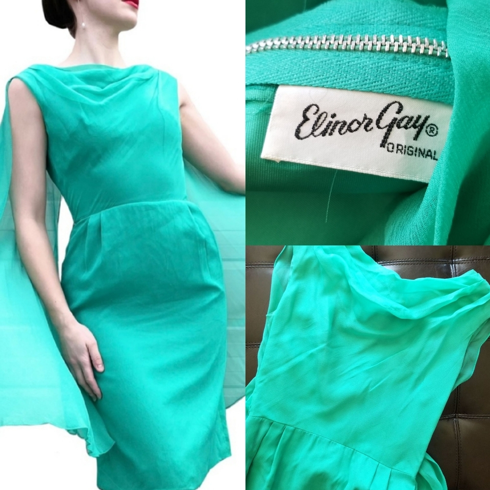 ❗Vintage Grace Kelly Style Boat Neck Cowl Caplet Silk Chiffon Pencil Dress 6❗